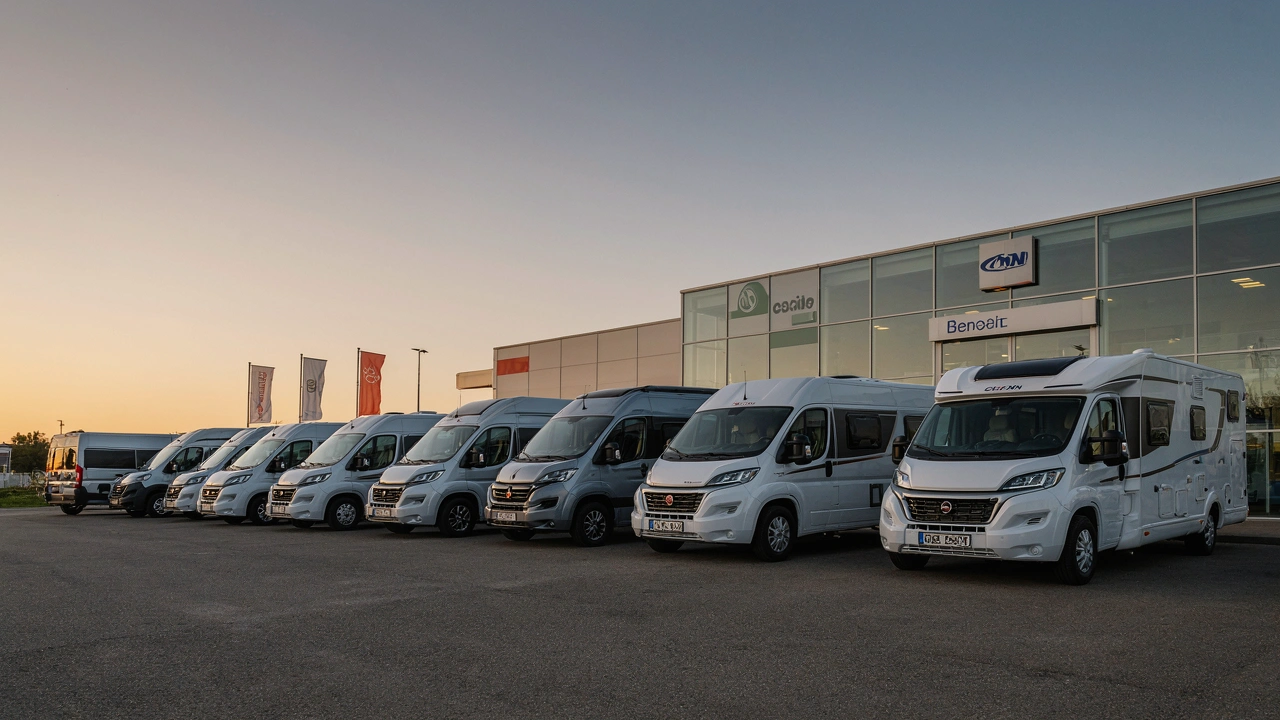 Row of Artica motorhomes and camper vans outside a modern dealership at golden hour