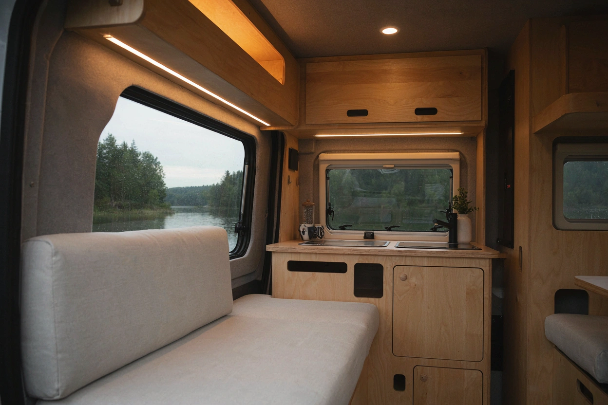 Interior of an Artica VANSTER with birchwood furniture and kitchenette