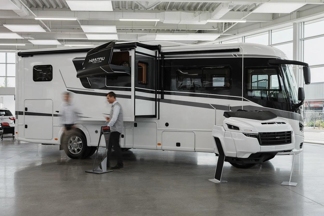 Artica showroom with an integrated motorhome and a customer advisor